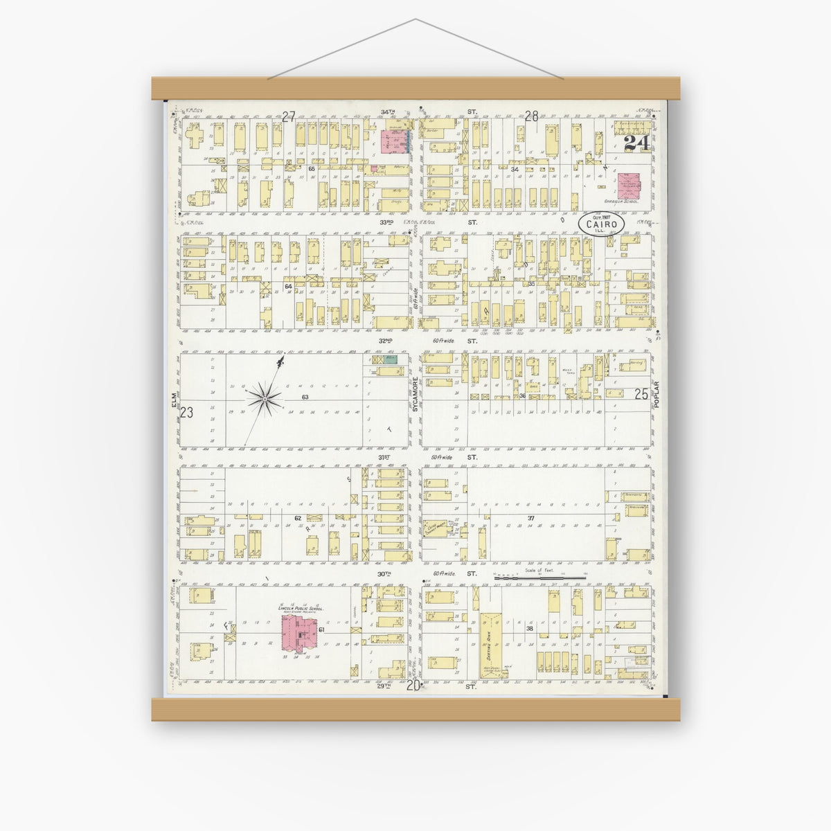Old map wall art mockup — magnetic wood frame on white wall — Sanborn Fire Insurance Map from Cairo, Alexander County, Illinois (1907), Sheet #0024