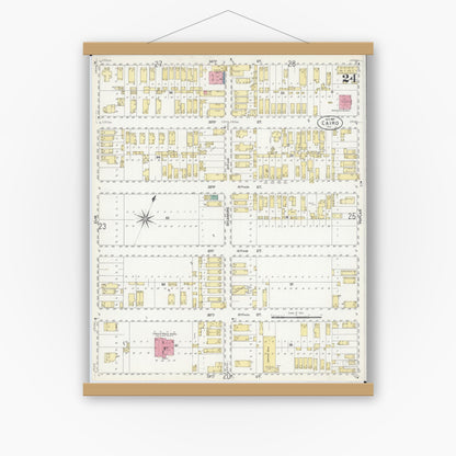 Old map wall art mockup — magnetic wood frame on white wall — Sanborn Fire Insurance Map from Cairo, Alexander County, Illinois (1907), Sheet #0024