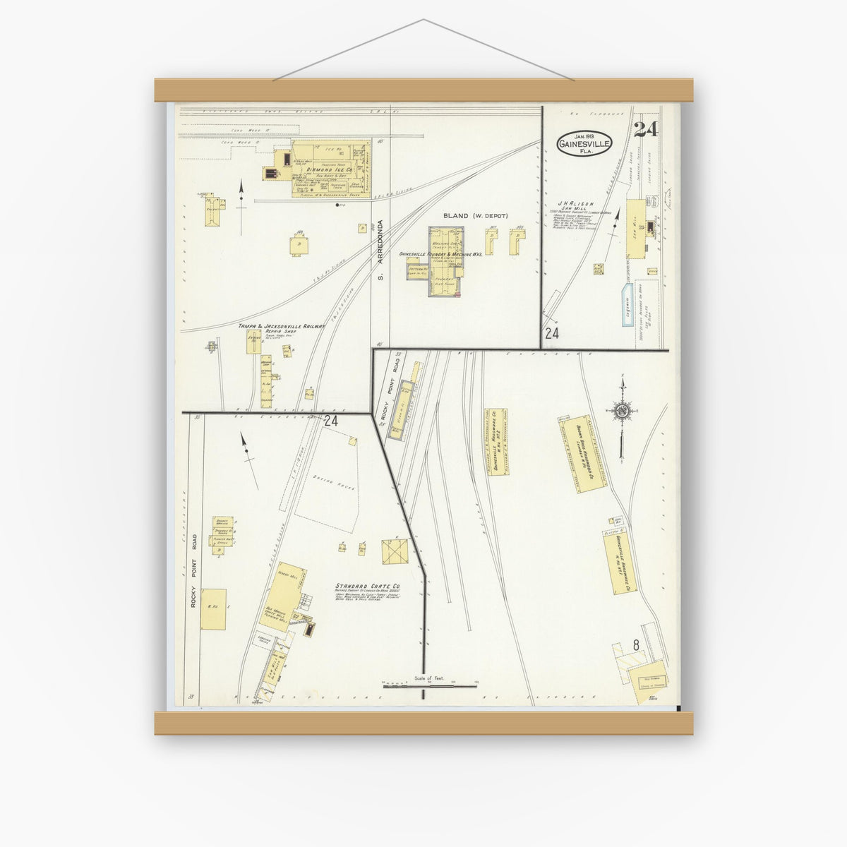 Old map wall art mockup — magnetic wood frame on white wall — Sanborn Fire Insurance Map from Gainesville, Alachua County, Florida (1913), Sheet #0024