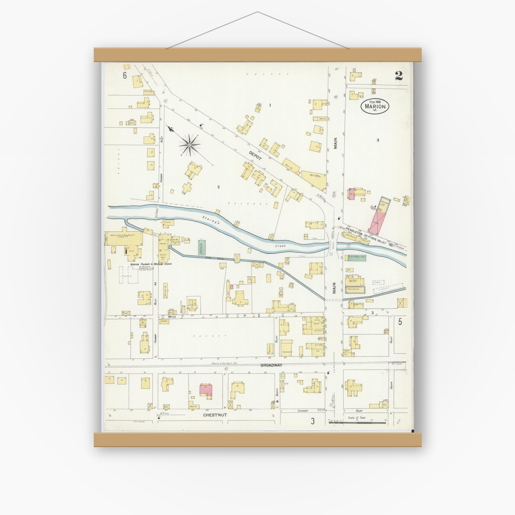Old map wall art mockup — magnetic wood frame on white wall — Sanborn Fire Insurance Map from Marion, Smyth County, Virginia (1908), Sheet #0002