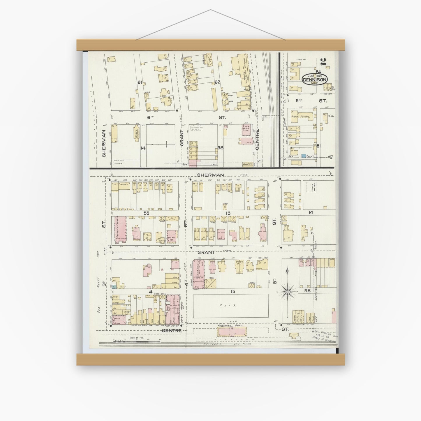 Old map wall art mockup — magnetic wood frame on white wall — Sanborn Fire Insurance Map from Dennison, Tuscarawas County, Ohio (1892), Sheet #0002