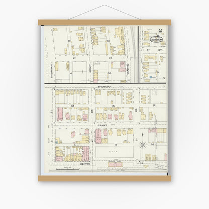 Old map wall art mockup — magnetic wood frame on white wall — Sanborn Fire Insurance Map from Dennison, Tuscarawas County, Ohio (1892), Sheet #0002
