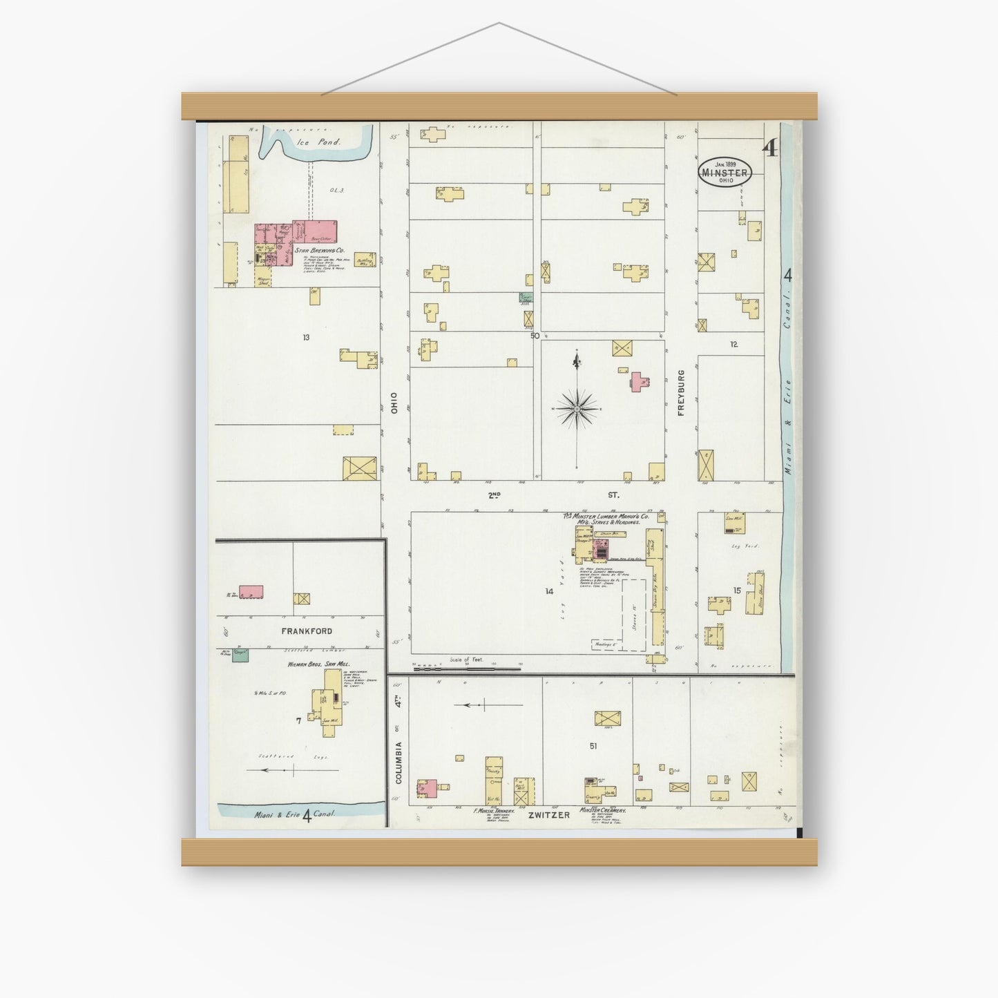 Old map wall art mockup — magnetic wood frame on white wall — Sanborn Fire Insurance Map from Minster, Auglaize County, Ohio (1899), Sheet #0004