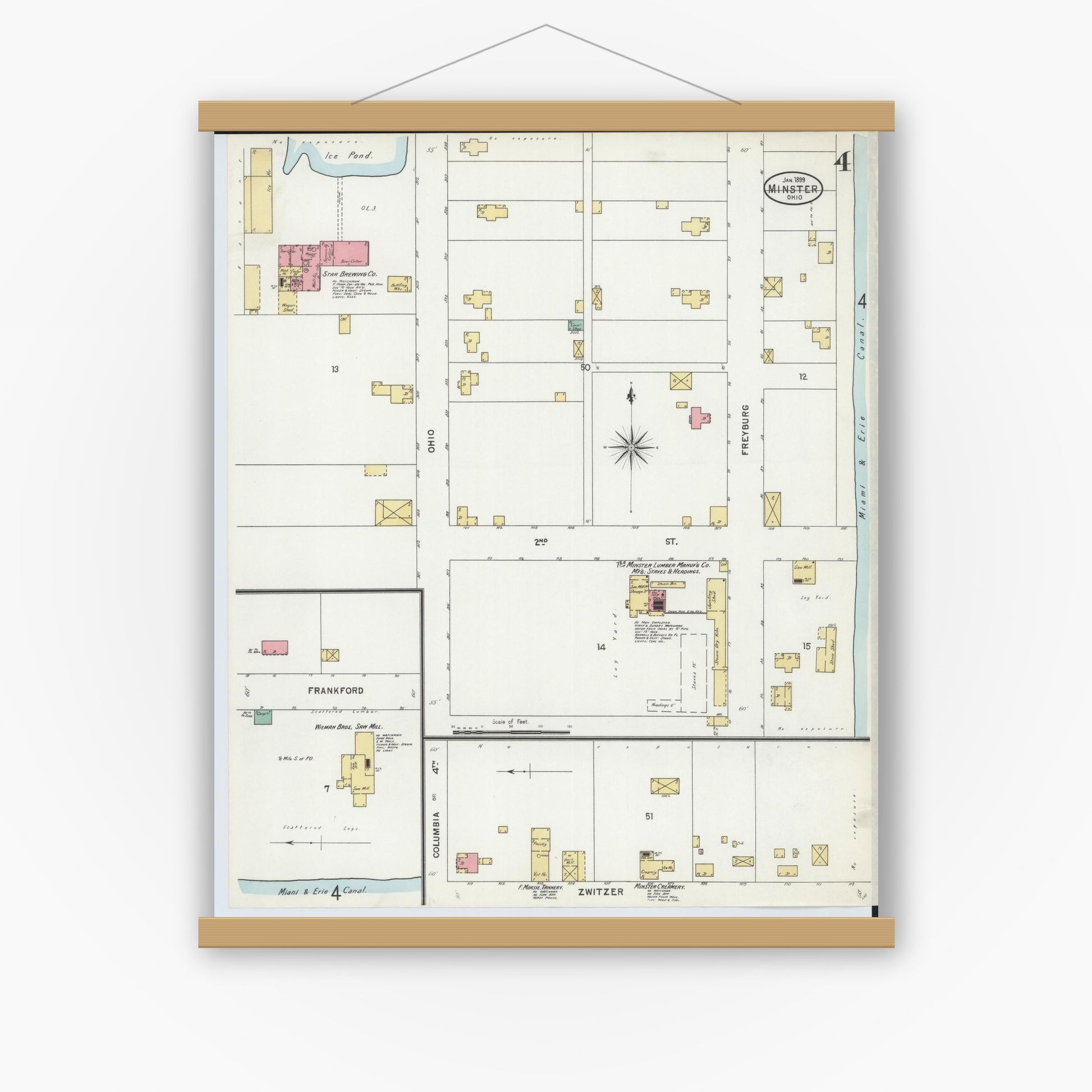 Old map wall art mockup — magnetic wood frame on white wall — Sanborn Fire Insurance Map from Minster, Auglaize County, Ohio (1899), Sheet #0004