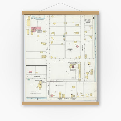 Old map wall art mockup — magnetic wood frame on white wall — Sanborn Fire Insurance Map from Minster, Auglaize County, Ohio (1899), Sheet #0004