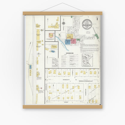 Old map wall art mockup — magnetic wood frame on white wall — Sanborn Fire Insurance Map from Glenwood, Pope County, Minnesota (1917), Sheet #0001