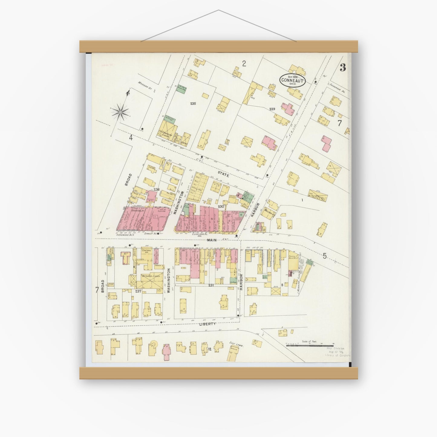 Old map wall art mockup — magnetic wood frame on white wall — Sanborn Fire Insurance Map from Conneaut, Ashtabula County, Ohio (1898), Sheet #0003