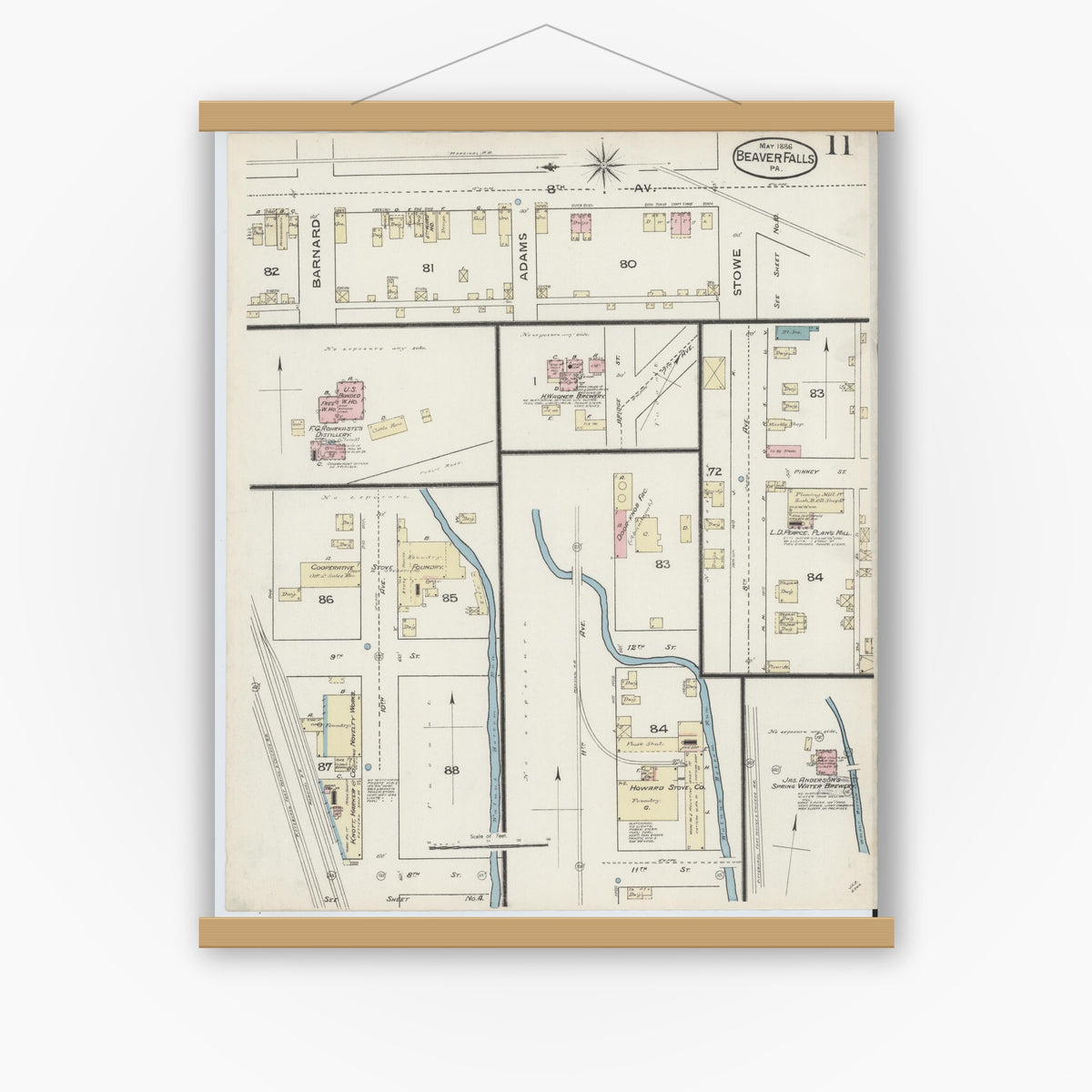 Old map wall art mockup — magnetic wood frame on white wall — Sanborn Fire Insurance Map from Beaver Falls, Beaver County, Pennsylvania (1886), Sheet #0011