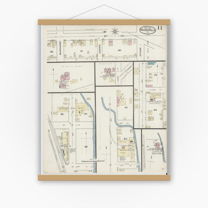 Old map wall art mockup — magnetic wood frame on white wall — Sanborn Fire Insurance Map from Beaver Falls, Beaver County, Pennsylvania (1886), Sheet #0011