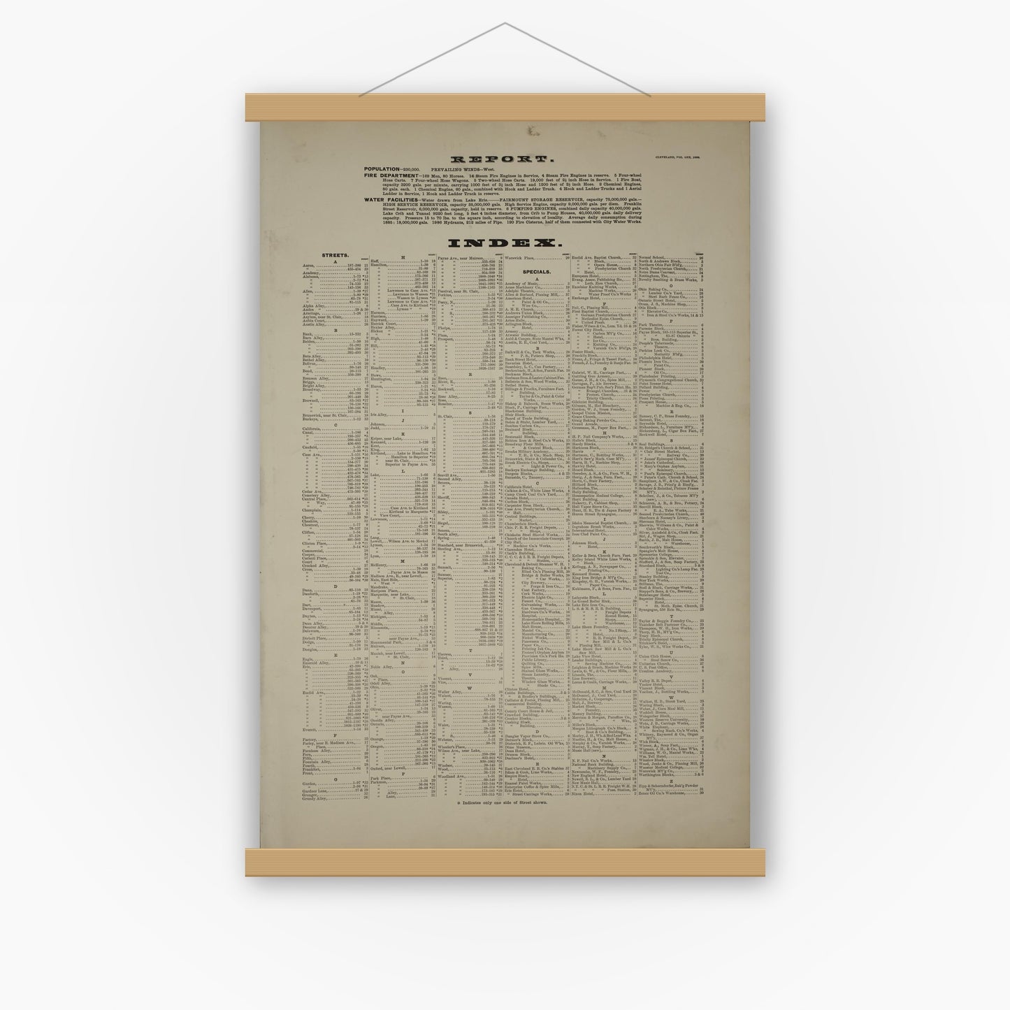 Old map wall art mockup — magnetic wood frame on white wall — Sanborn Fire Insurance Map from Cleveland, Cuyahoga County, Ohio (1886), Sheet #0001