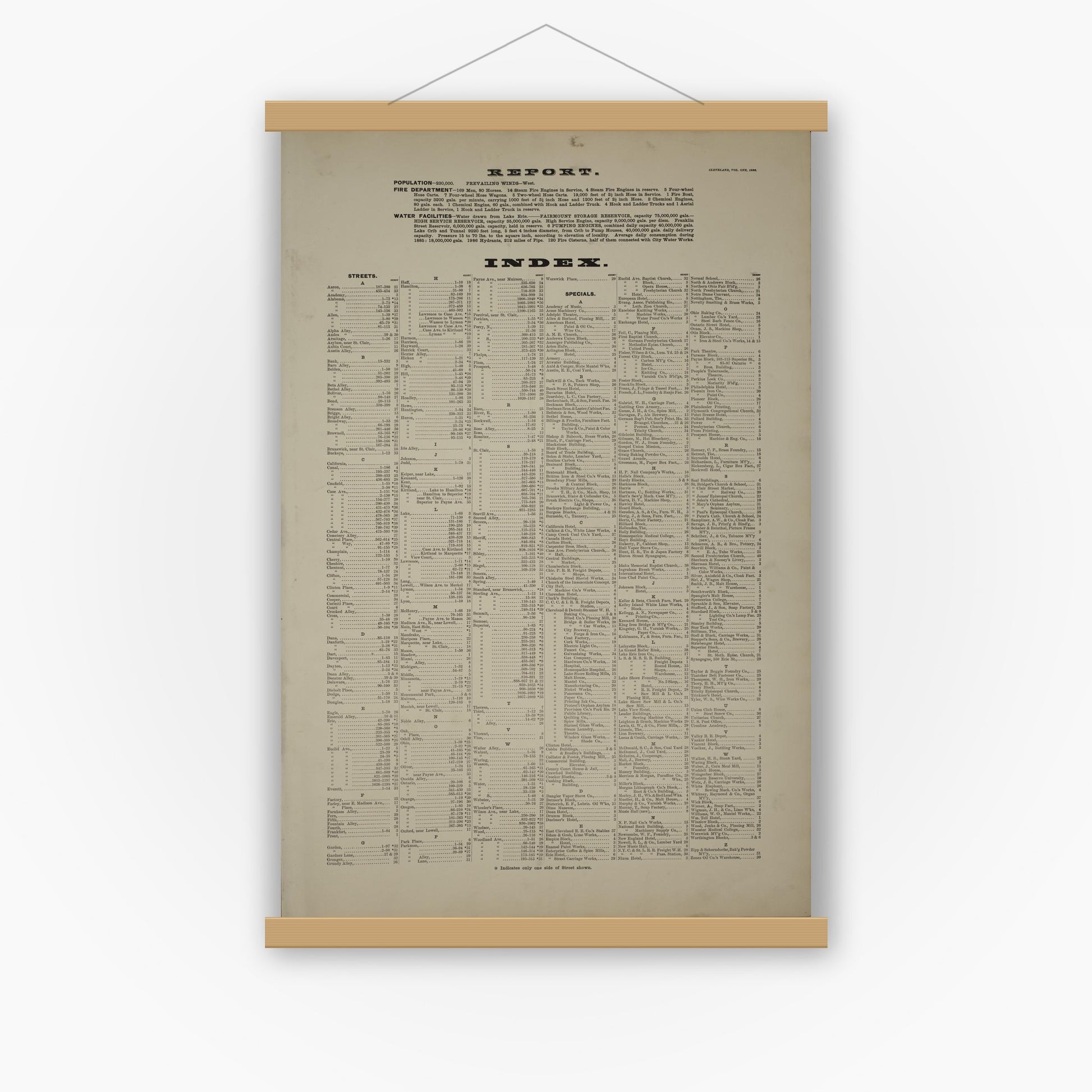 Old map wall art mockup — magnetic wood frame on white wall — Sanborn Fire Insurance Map from Cleveland, Cuyahoga County, Ohio (1886), Sheet #0001