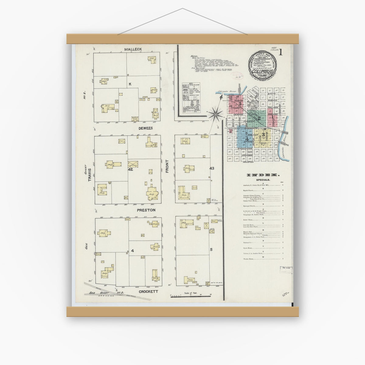 Old map wall art mockup — magnetic wood frame on white wall — Sanborn Fire Insurance Map from Columbus, Colorado County, Texas (1890) - Complete Map Set