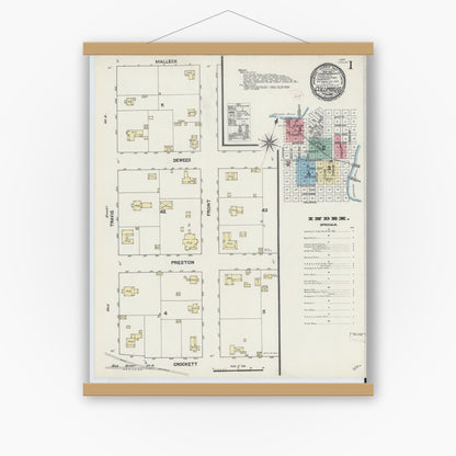 Old map wall art mockup — magnetic wood frame on white wall — Sanborn Fire Insurance Map from Columbus, Colorado County, Texas (1890) - Complete Map Set