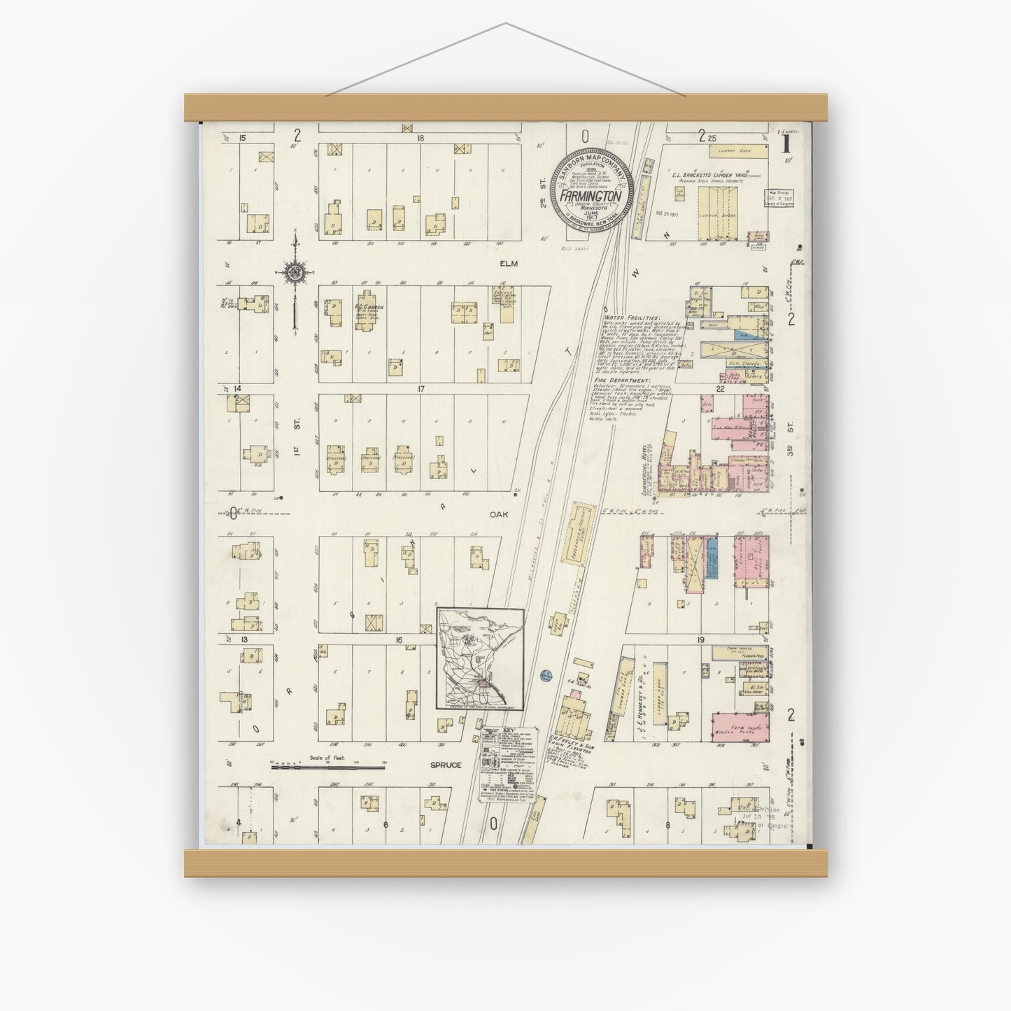 Old map wall art mockup — magnetic wood frame on white wall — Sanborn Fire Insurance Map from Farmington, Dakota County, Minnesota (1917) - Complete Map Set