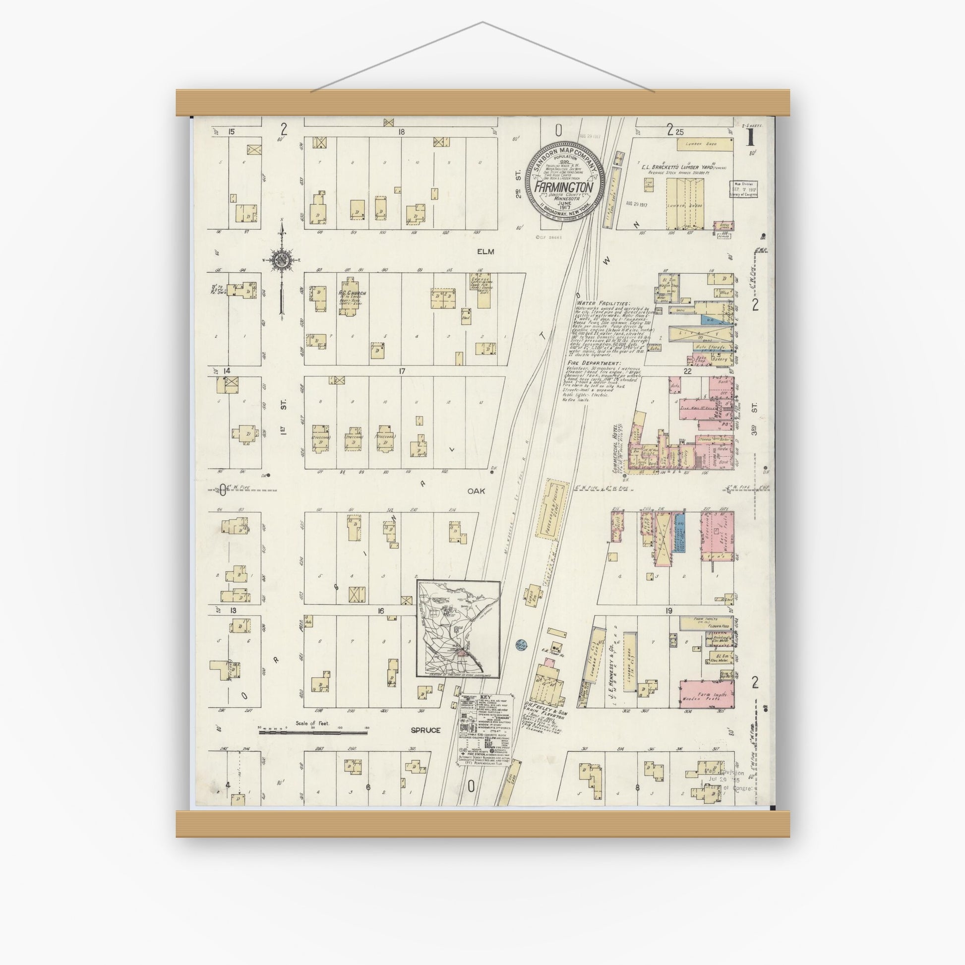 Old map wall art mockup — magnetic wood frame on white wall — Sanborn Fire Insurance Map from Farmington, Dakota County, Minnesota (1917) - Complete Map Set