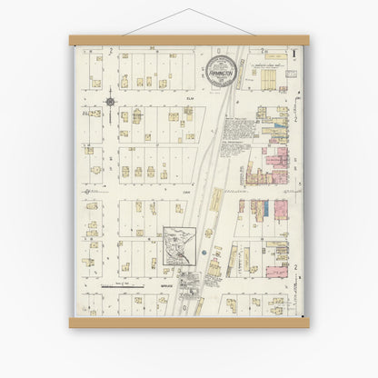 Old map wall art mockup — magnetic wood frame on white wall — Sanborn Fire Insurance Map from Farmington, Dakota County, Minnesota (1917) - Complete Map Set