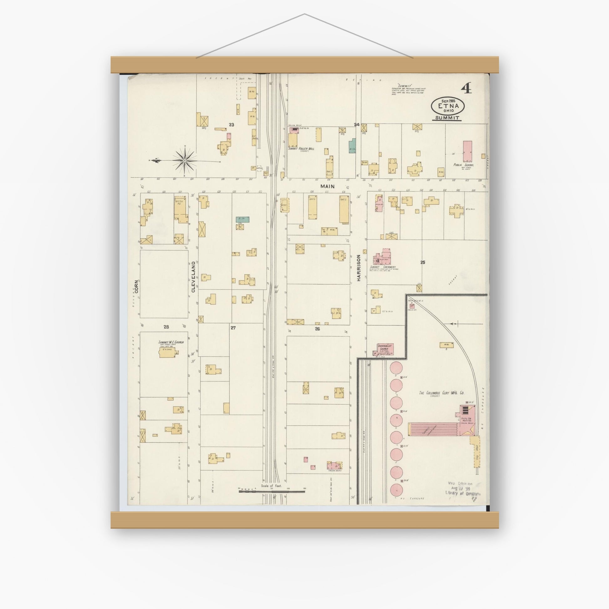 Old map wall art mockup — magnetic wood frame on white wall — Sanborn Fire Insurance Map from Etna, Luking County, Ohio (1905), Sheet #0004
