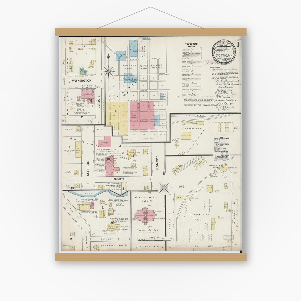 Old map wall art mockup — magnetic wood frame on white wall — Sanborn Fire Insurance Map from Pittsfield, Pike County, Illinois (1890) - Complete Map Set