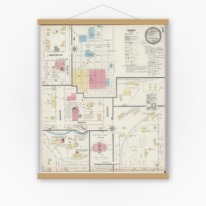 Old map wall art mockup — magnetic wood frame on white wall — Sanborn Fire Insurance Map from Pittsfield, Pike County, Illinois (1890) - Complete Map Set