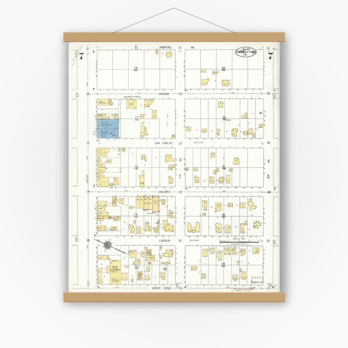 Old map wall art mockup — magnetic wood frame on white wall — Sanborn Fire Insurance Map from Carmel By The Sea, Monterey County, California (1924), Sheet #0007