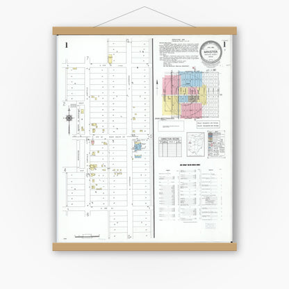 Old map wall art mockup — magnetic wood frame on white wall — Sanborn Fire Insurance Map from Minster, Auglaize County, Ohio (1951), Sheet #0001