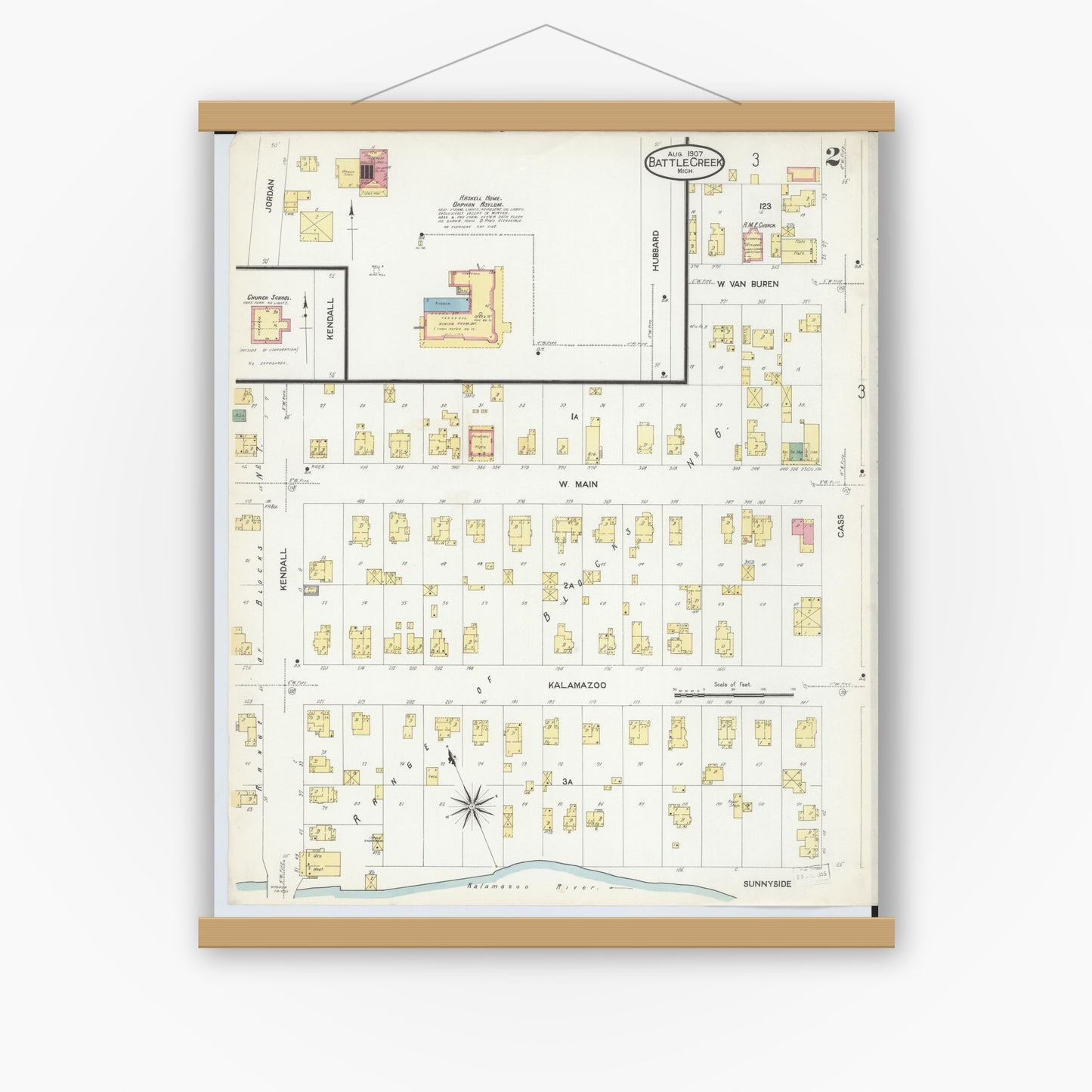 Old map wall art mockup — magnetic wood frame on white wall — Sanborn Fire Insurance Map from Battle Creek, Calhoun County, Michigan (1907), Sheet #0002
