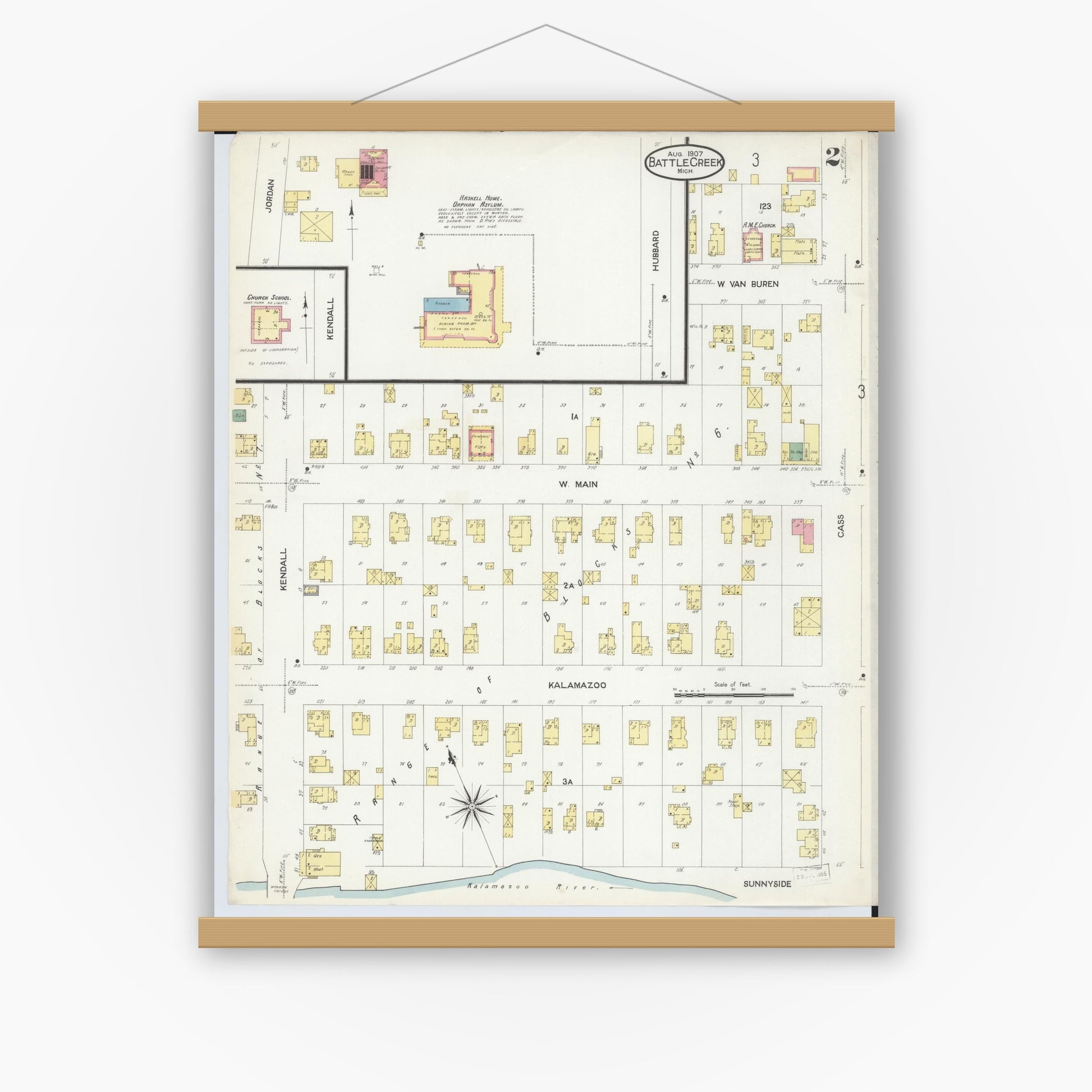 Old map wall art mockup — magnetic wood frame on white wall — Sanborn Fire Insurance Map from Battle Creek, Calhoun County, Michigan (1907), Sheet #0002