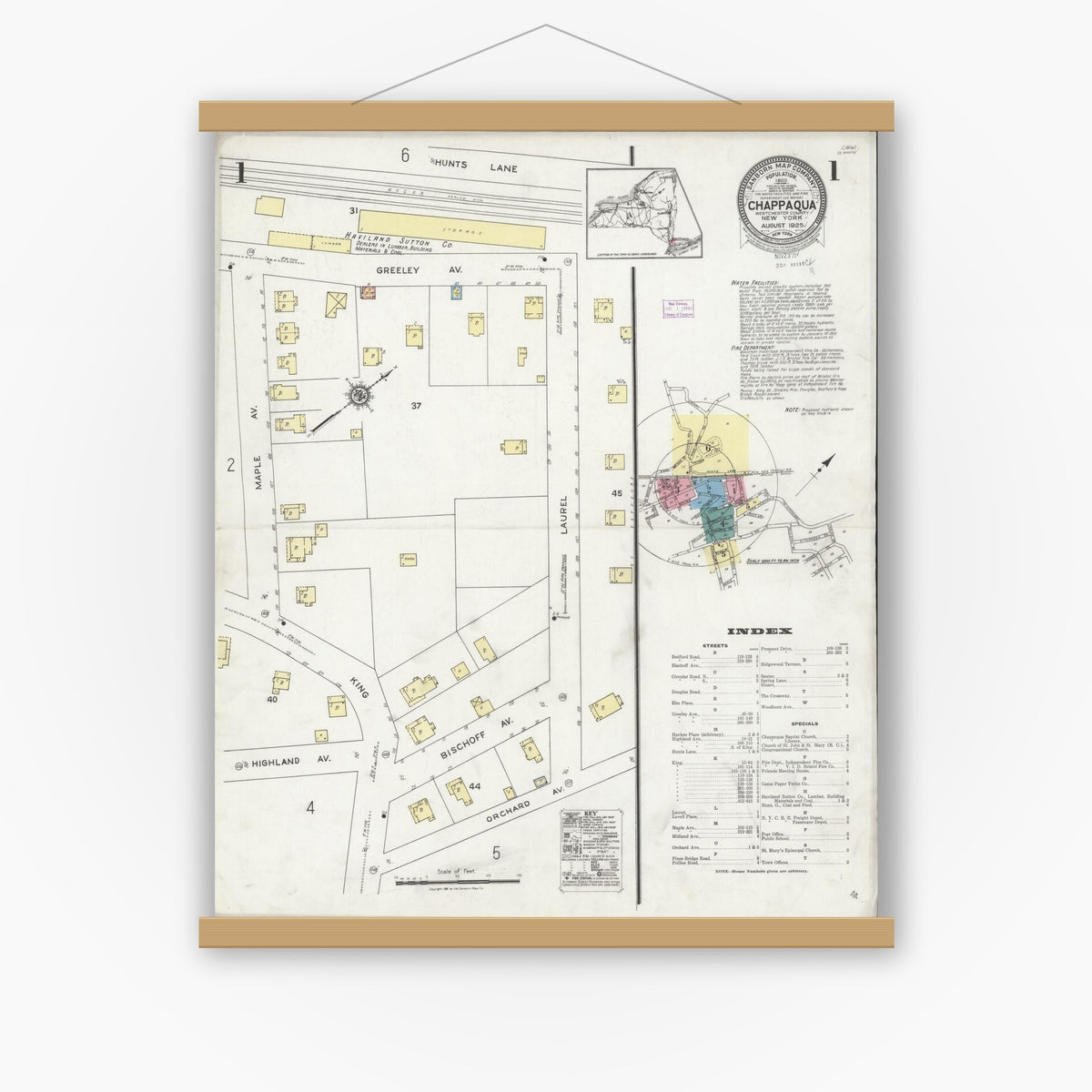 Old map wall art mockup — magnetic wood frame on white wall — Sanborn Fire Insurance Map from Chappaqua, Westchester County, New York (1925), Sheet #0001