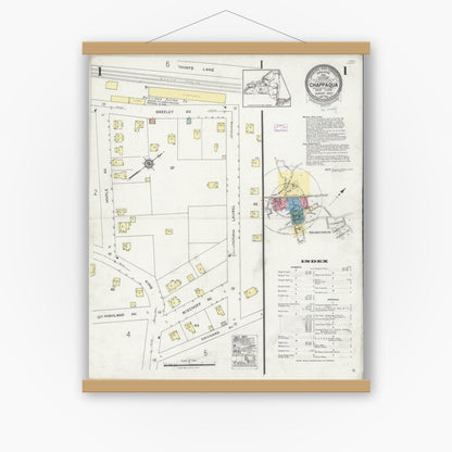 Old map wall art mockup — magnetic wood frame on white wall — Sanborn Fire Insurance Map from Chappaqua, Westchester County, New York (1925), Sheet #0001