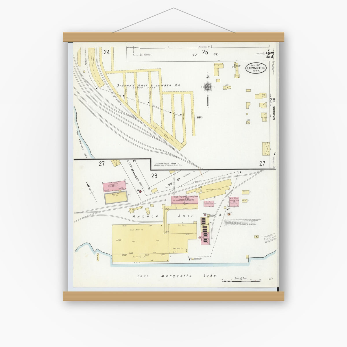 Old map wall art mockup — magnetic wood frame on white wall — Sanborn Fire Insurance Map from Ludington, Mason County, Michigan (1910), Sheet #0027
