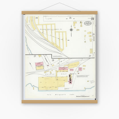Old map wall art mockup — magnetic wood frame on white wall — Sanborn Fire Insurance Map from Ludington, Mason County, Michigan (1910), Sheet #0027
