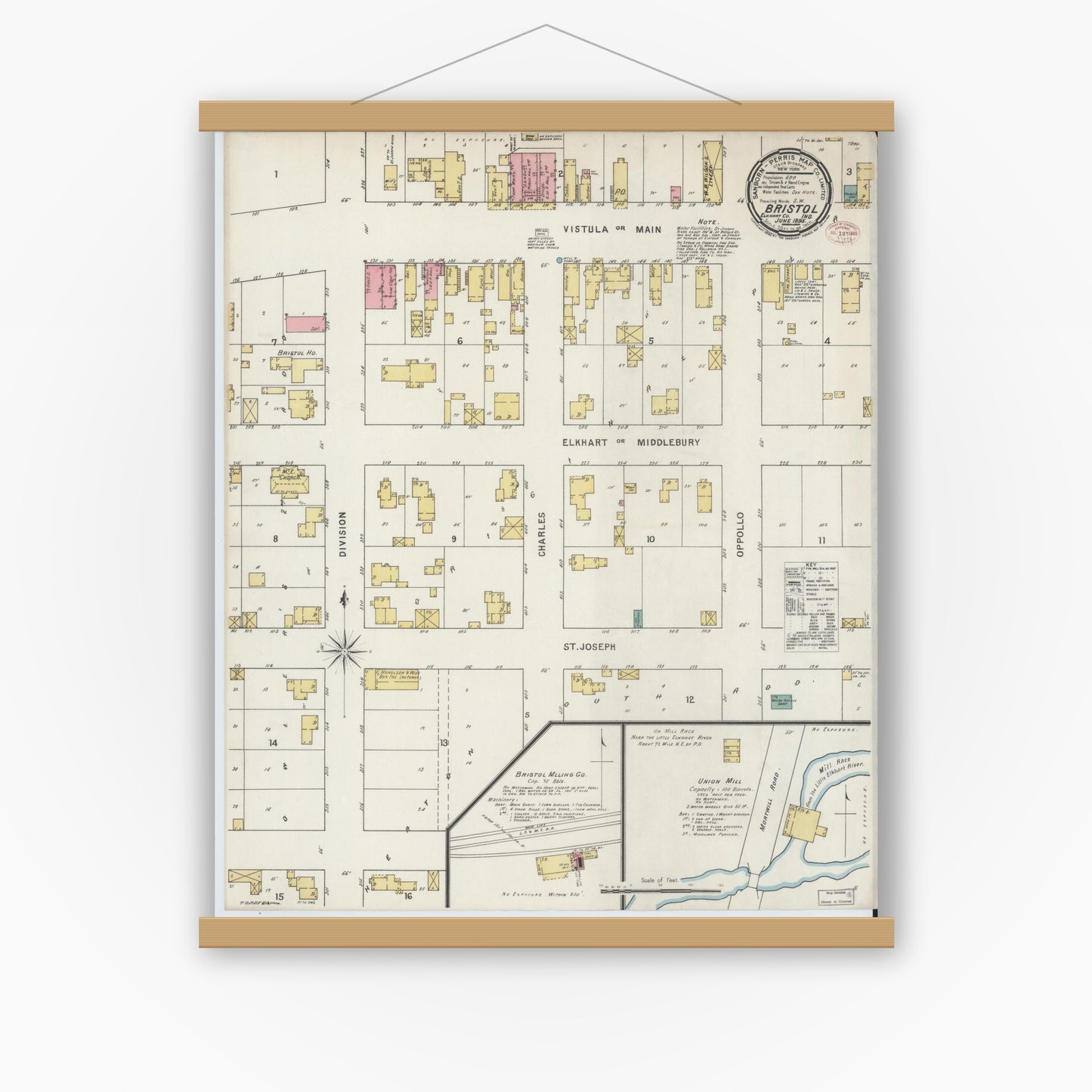 Old map wall art mockup — magnetic wood frame on white wall — Sanborn Fire Insurance Map from Bristol, Elkhart County, Indiana (1895), Sheet #0001