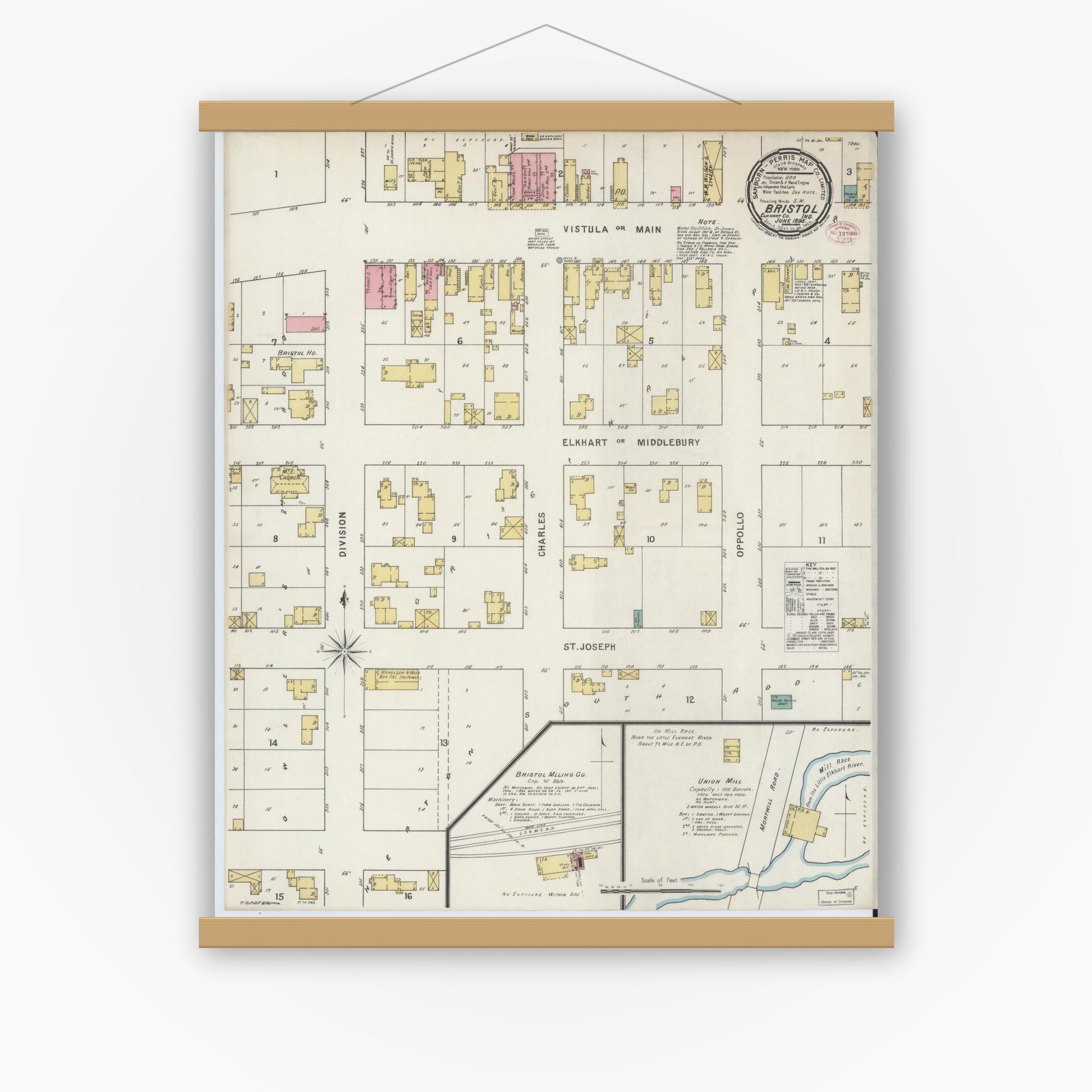 Old map wall art mockup — magnetic wood frame on white wall — Sanborn Fire Insurance Map from Bristol, Elkhart County, Indiana (1895), Sheet #0001