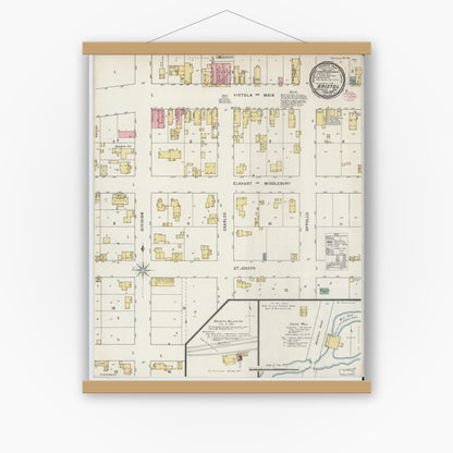 Old map wall art mockup — magnetic wood frame on white wall — Sanborn Fire Insurance Map from Bristol, Elkhart County, Indiana (1895), Sheet #0001