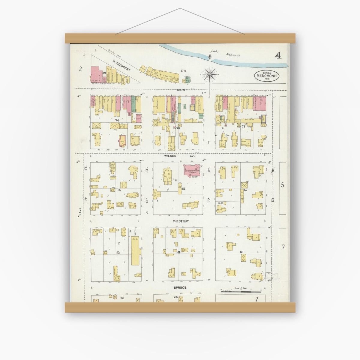 Old map wall art mockup — magnetic wood frame on white wall — Sanborn Fire Insurance Map from Menomonie, Dunn County, Wisconsin (1902), Sheet #0004