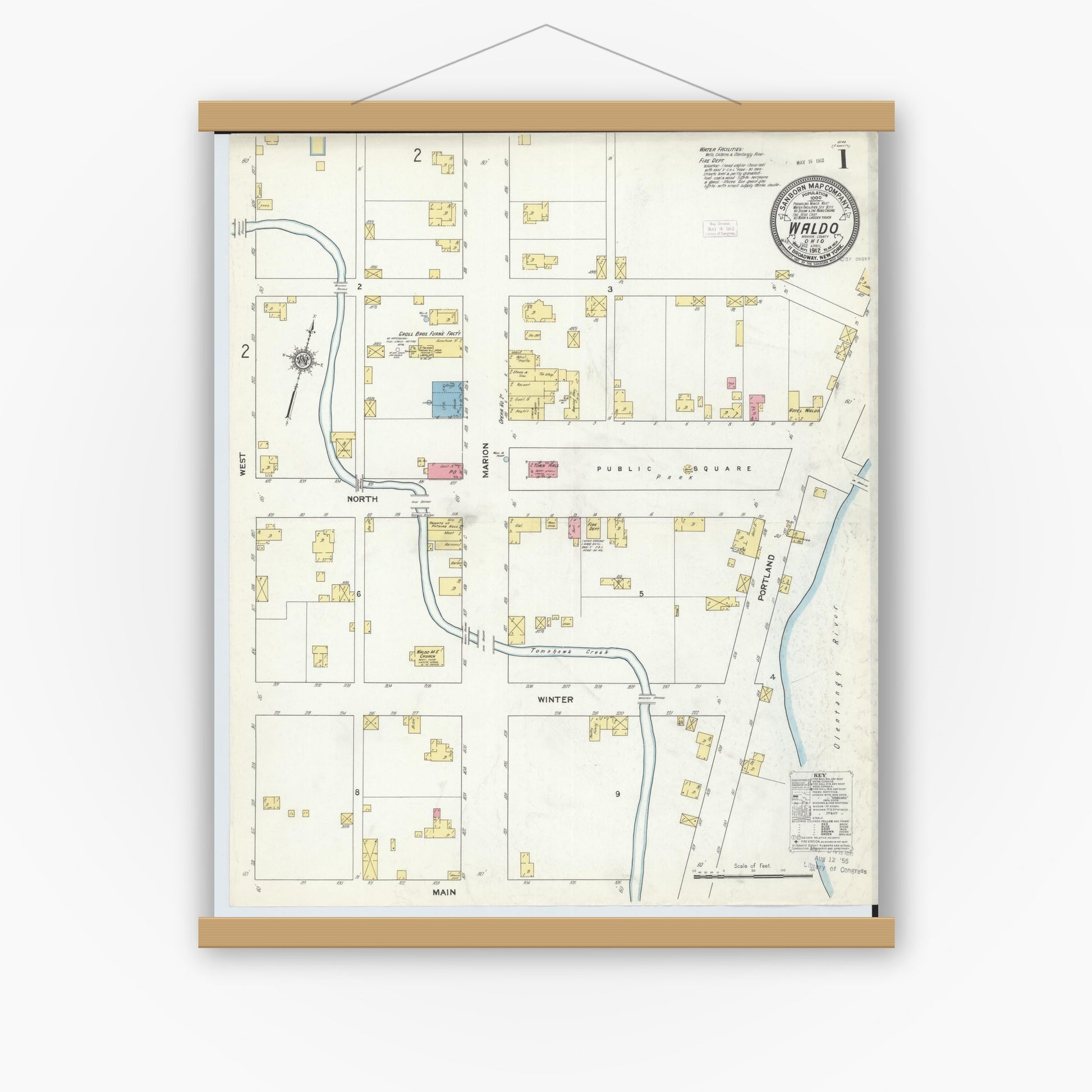 Old map wall art mockup — magnetic wood frame on white wall — Sanborn Fire Insurance Map from Waldo, Marion County, Ohio (1912), Sheet #0001