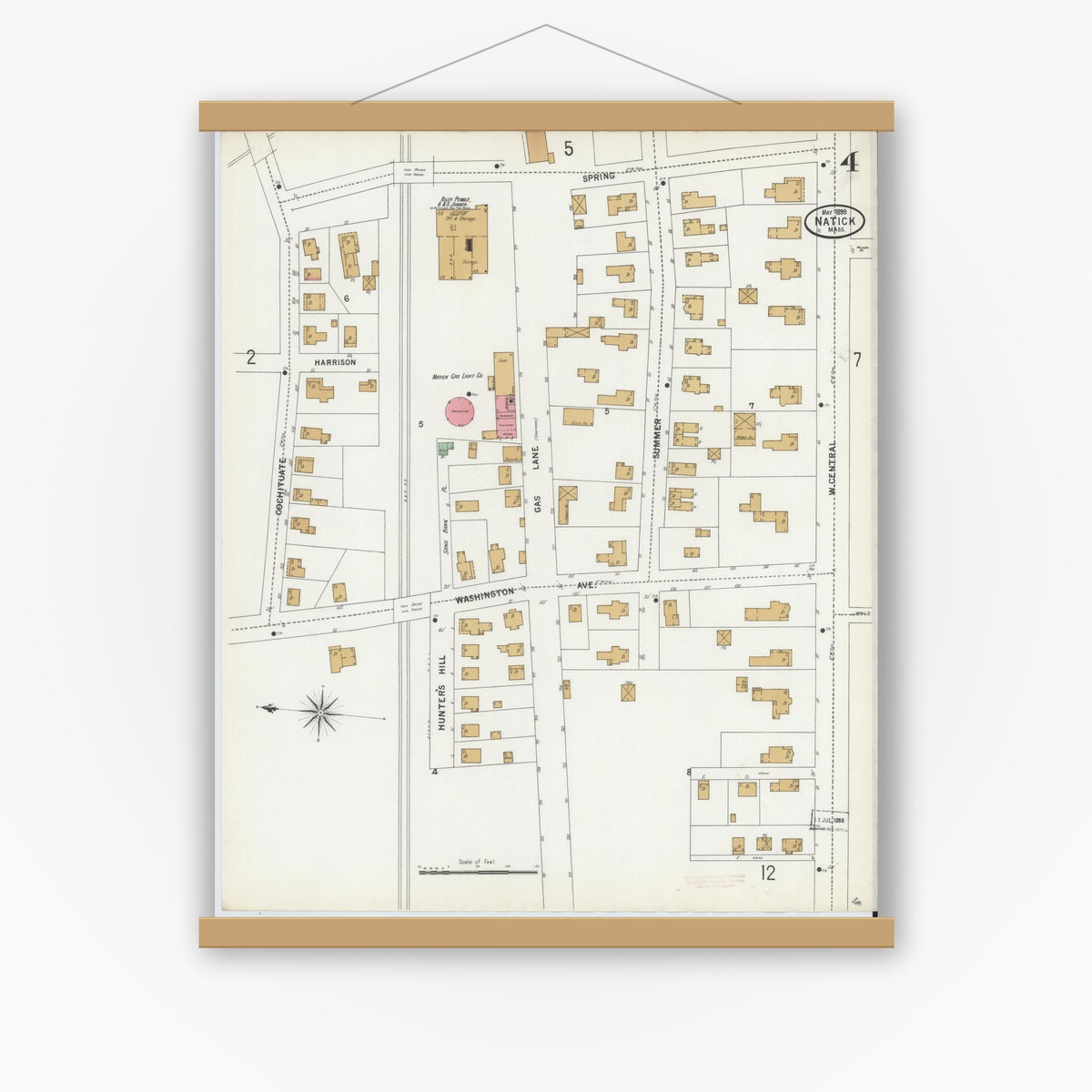 Old map wall art mockup — magnetic wood frame on white wall — Sanborn Fire Insurance Map from Natick, Middlesex County, Massachusetts (1899), Sheet #0004