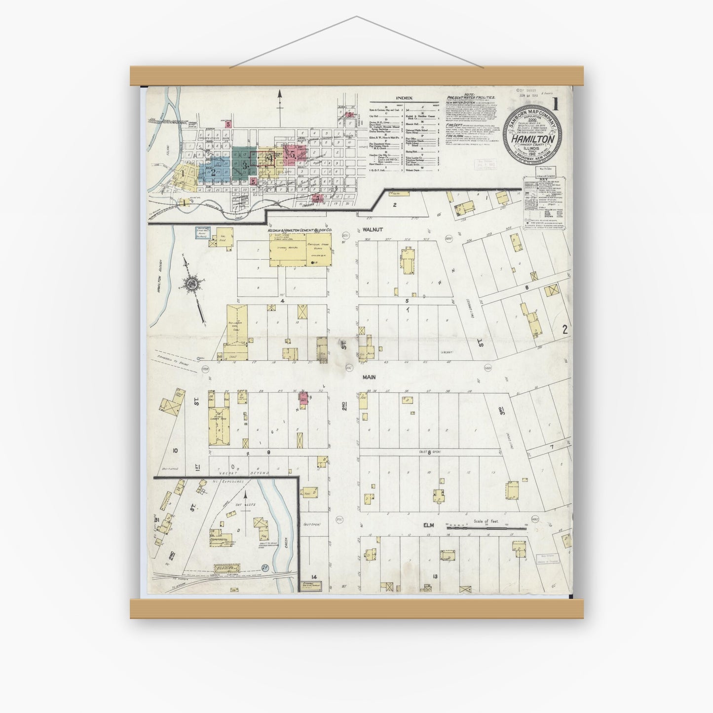Old map wall art mockup — magnetic wood frame on white wall — Sanborn Fire Insurance Map from Hamilton, Hancock County, Illinois (1912), Sheet #0001