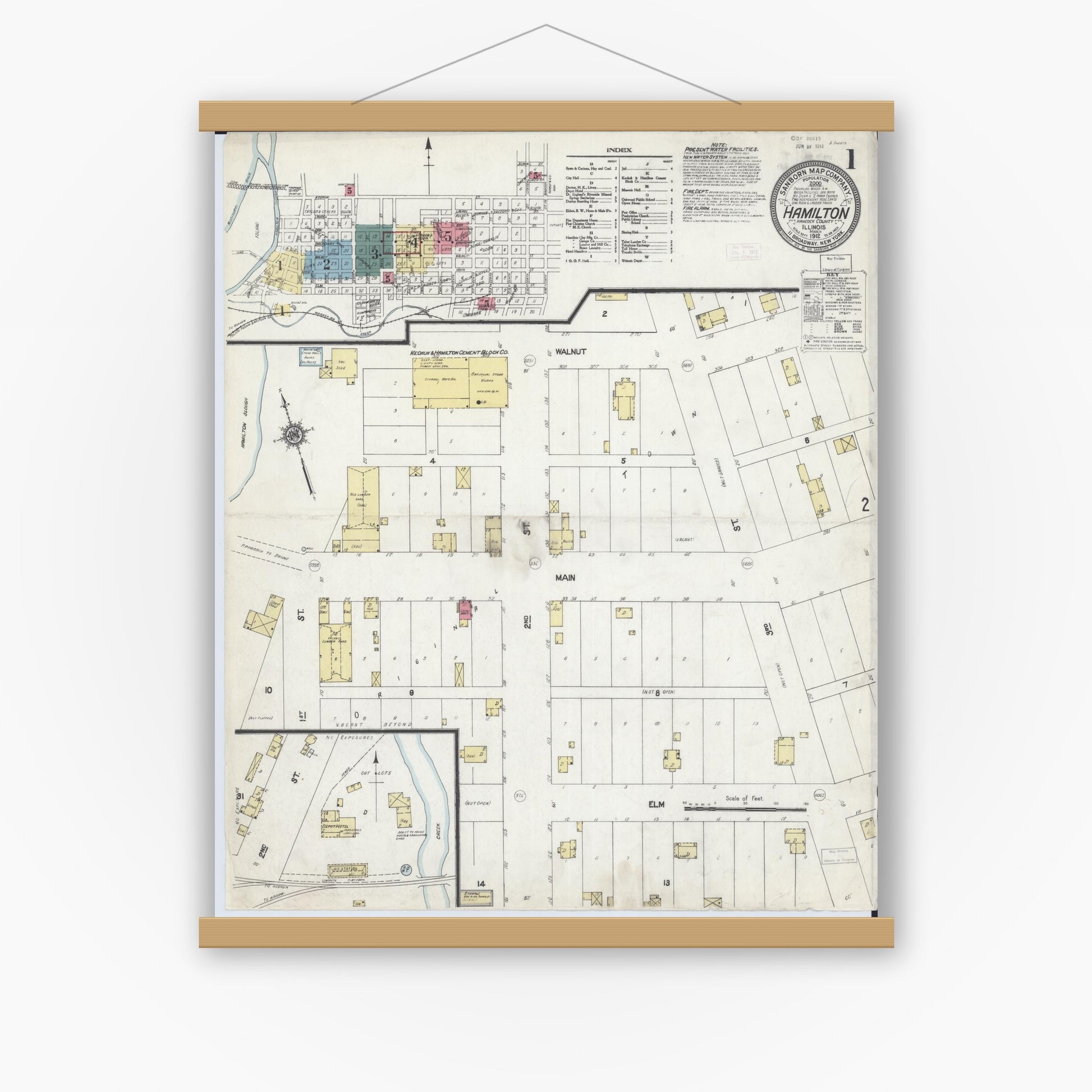 Old map wall art mockup — magnetic wood frame on white wall — Sanborn Fire Insurance Map from Hamilton, Hancock County, Illinois (1912), Sheet #0001