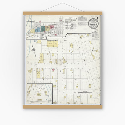 Old map wall art mockup — magnetic wood frame on white wall — Sanborn Fire Insurance Map from Hamilton, Hancock County, Illinois (1912), Sheet #0001