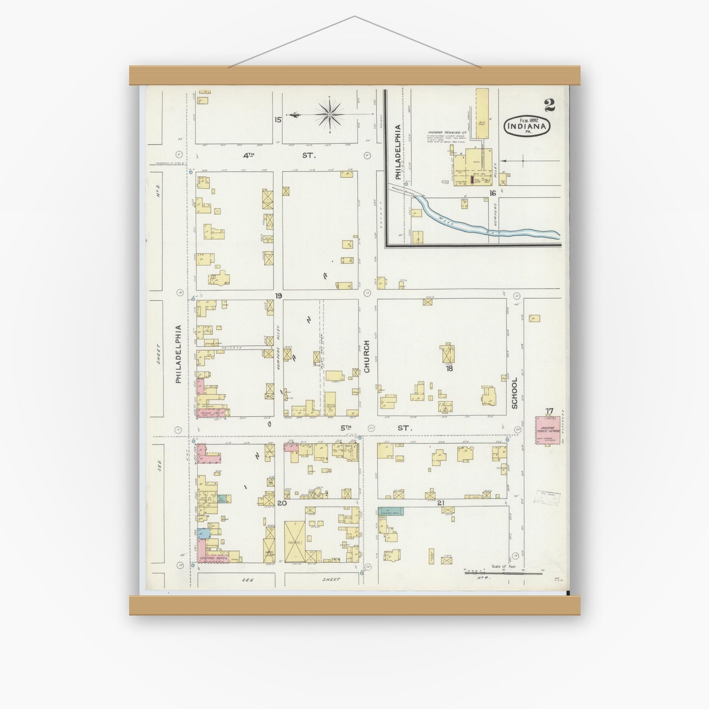Old map wall art mockup — magnetic wood frame on white wall — Sanborn Fire Insurance Map from Indiana, Indiana County, Pennsylvania (1892), Sheet #0002