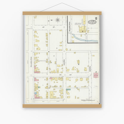 Old map wall art mockup — magnetic wood frame on white wall — Sanborn Fire Insurance Map from Indiana, Indiana County, Pennsylvania (1892), Sheet #0002