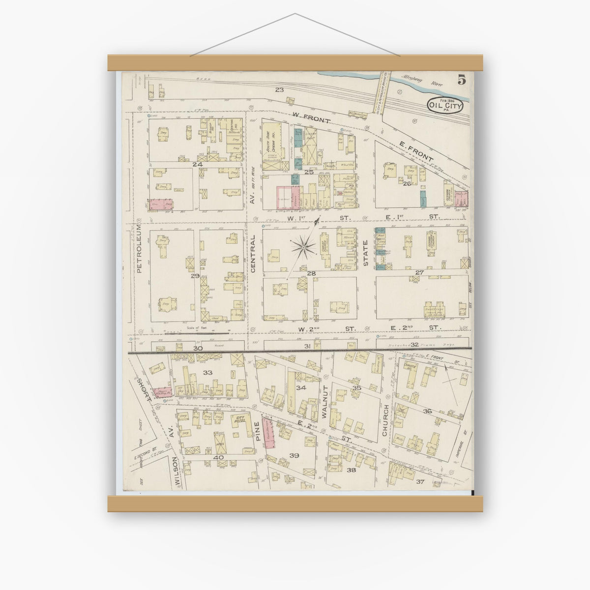 Old map wall art mockup — magnetic wood frame on white wall — Sanborn Fire Insurance Map from Oil City, Venango County, Pennsylvania (1888), Sheet #0005