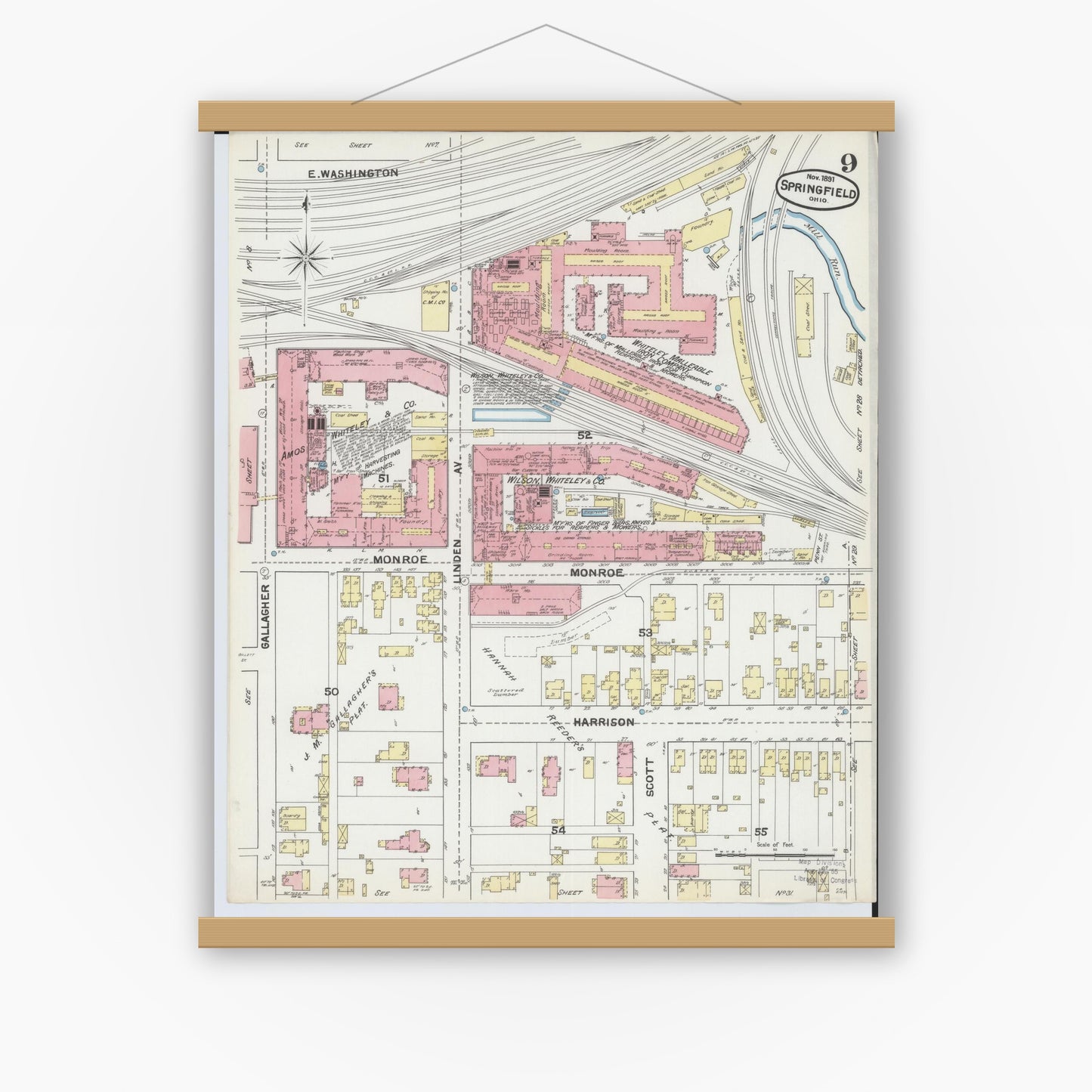 Old map wall art mockup — magnetic wood frame on white wall — Sanborn Fire Insurance Map from Springfield, Clark County, Ohio (1891), Sheet #0009