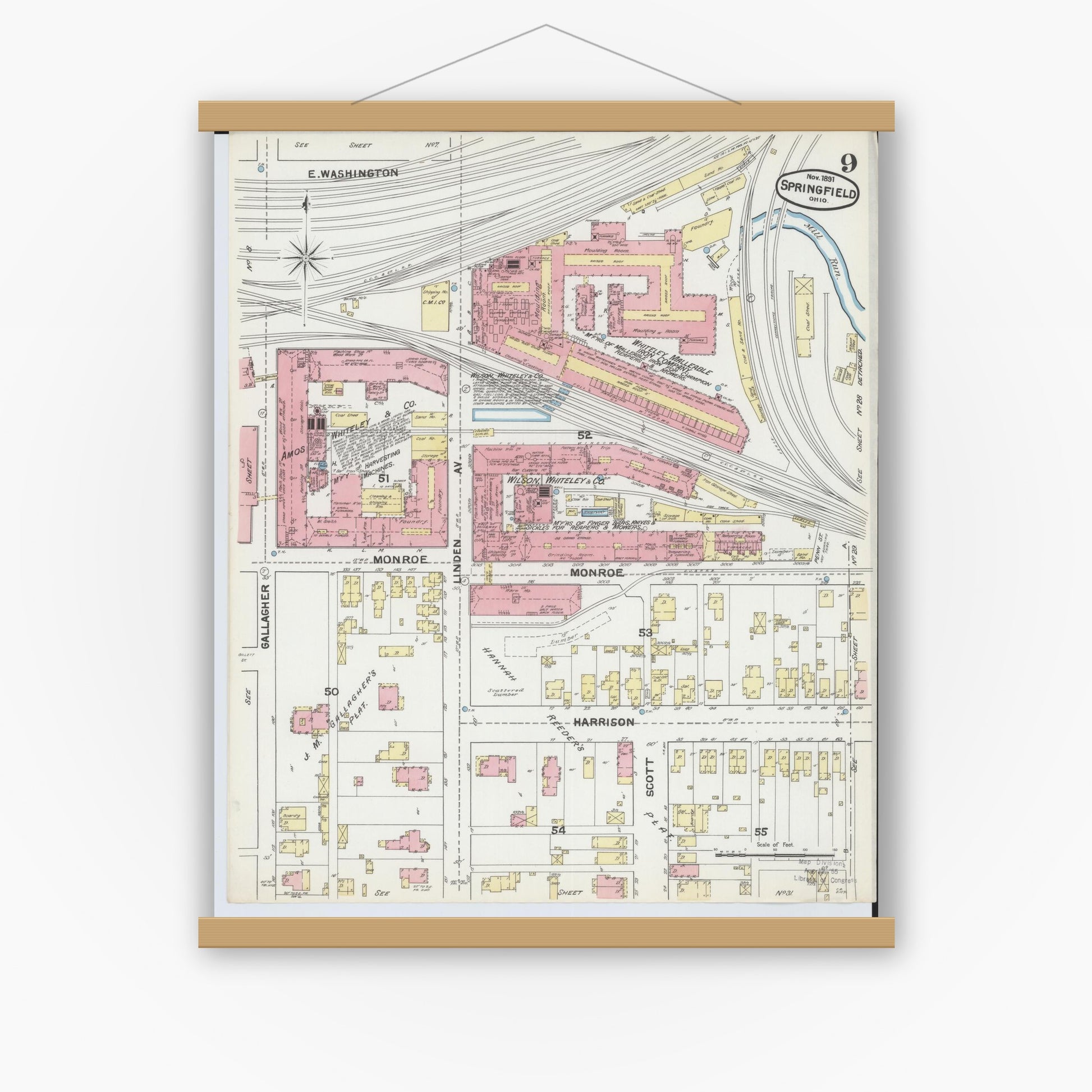 Old map wall art mockup — magnetic wood frame on white wall — Sanborn Fire Insurance Map from Springfield, Clark County, Ohio (1891), Sheet #0009