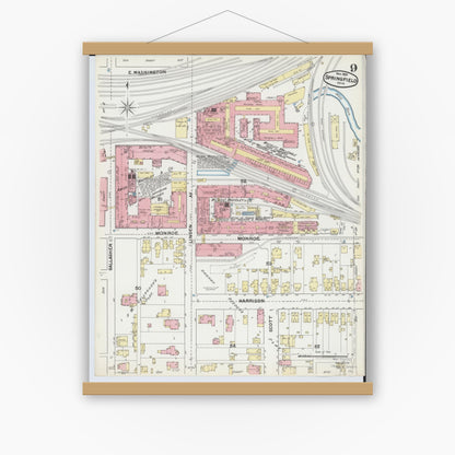 Old map wall art mockup — magnetic wood frame on white wall — Sanborn Fire Insurance Map from Springfield, Clark County, Ohio (1891), Sheet #0009
