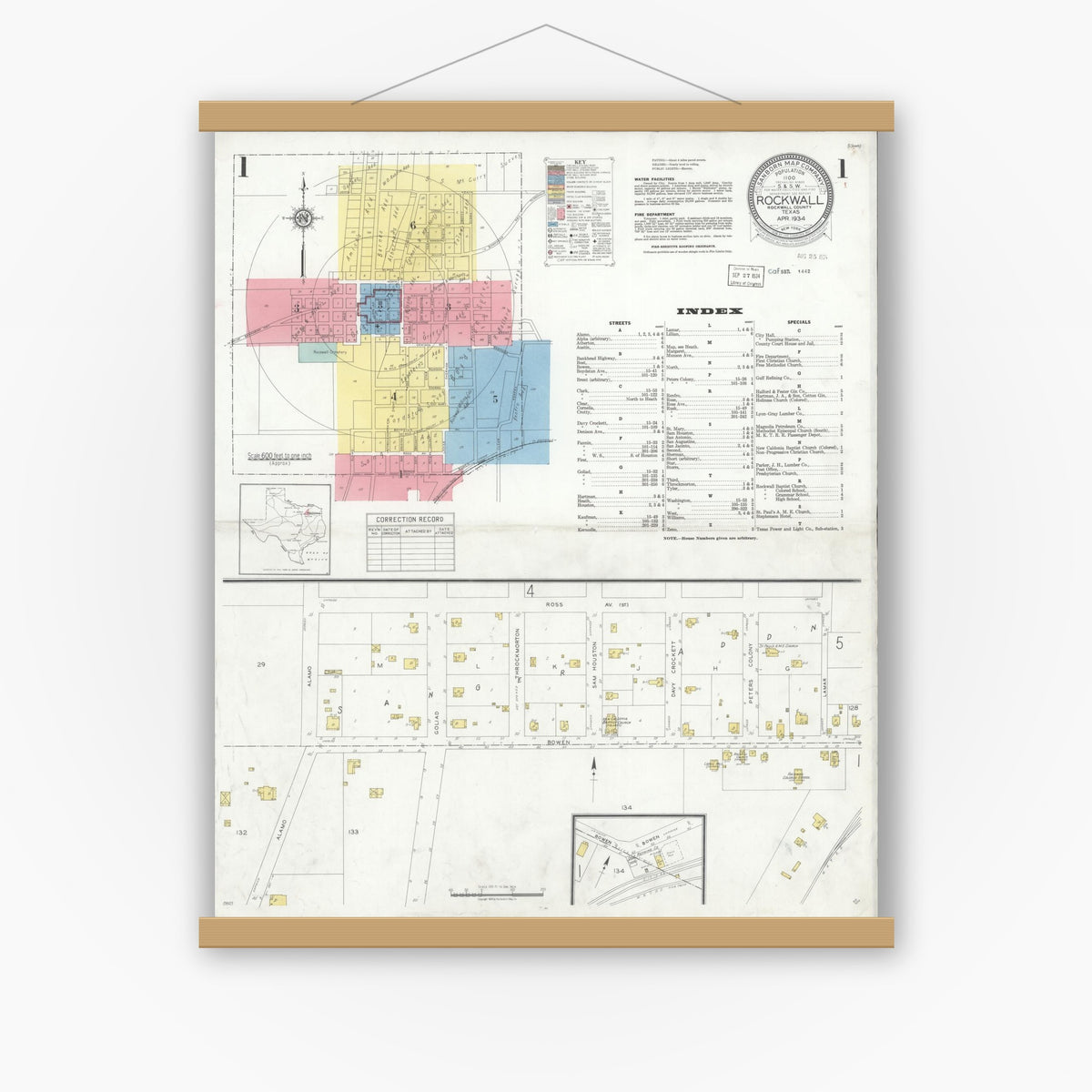 Old map wall art mockup — magnetic wood frame on white wall — Sanborn Fire Insurance Map from Rockwall, Rockwall County, Texas (1934) - Complete Map Set