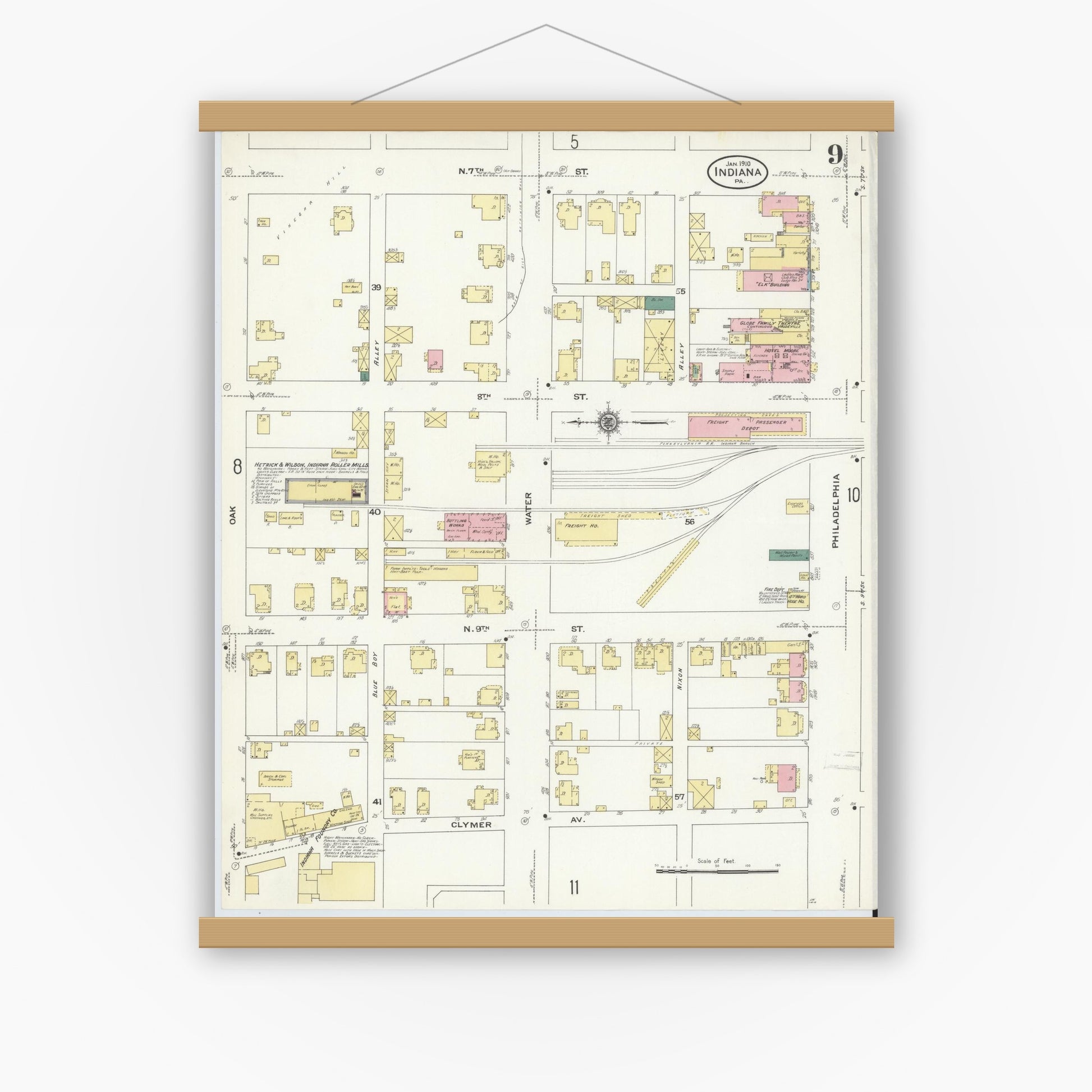 Old map wall art mockup — magnetic wood frame on white wall — Sanborn Fire Insurance Map from Indiana, Indiana County, Pennsylvania (1910), Sheet #0009