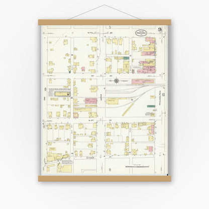 Old map wall art mockup — magnetic wood frame on white wall — Sanborn Fire Insurance Map from Indiana, Indiana County, Pennsylvania (1910), Sheet #0009