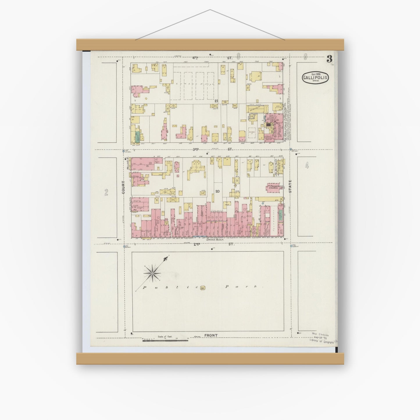 Old map wall art mockup — magnetic wood frame on white wall — Sanborn Fire Insurance Map from Gallipolis, Gallia County, Ohio (1895), Sheet #0003
